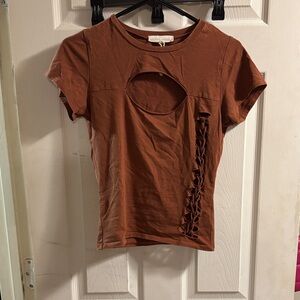 Gilded Intent Tan Cutout Short Sleeve Top